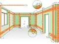 Schemat instalacji elektrycznej w pomieszczeniu z oknem i drzwiami. Pomarańczowe linie na zielonych ścianach pokazują przebieg przewodów.