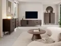 Nowoczesny salon z drewnianymi meblami i jasnymi ścianami. Idealne kolory ścian do salonu, które podkreślą elegancję mebli.