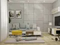 Jasny salon z szarą sofą i żółtym pufem. Jak ocieplić szary salon? Dodaj kolorowe akcenty, jak ten puf, i przytulne tekstylia.