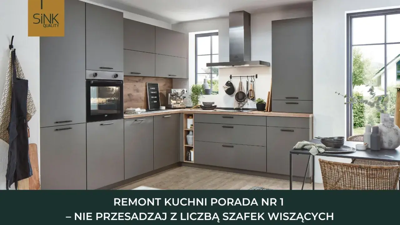 Nowoczesna, szara kuchnia. Planując remont kuchni od czego zacząć? Nie przesadzaj z liczbą szafek wiszących.