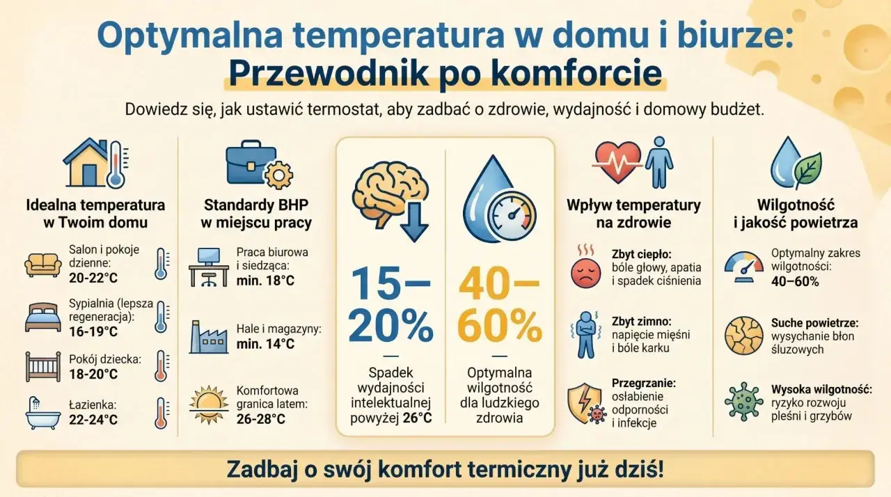 Jaka wilgotność w domu jest optymalna? Wykres pokazuje, że 40-60% zapewnia komfort i zdrowie, a zbyt niska lub wysoka wilgotność ma negatywne skutki.