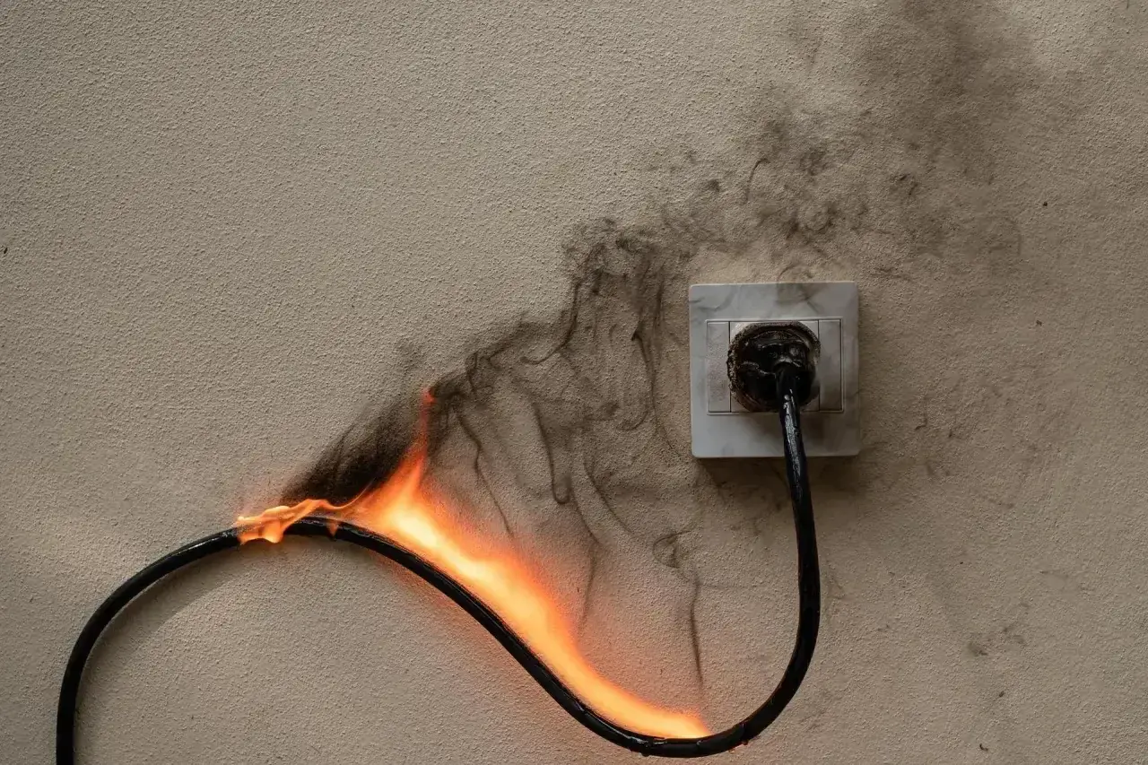 Płonący kabel podłączony do gniazdka. Dym unosi się na ścianie. Zastanawiasz się, ile gniazdek na jednym obwodzie to za dużo?