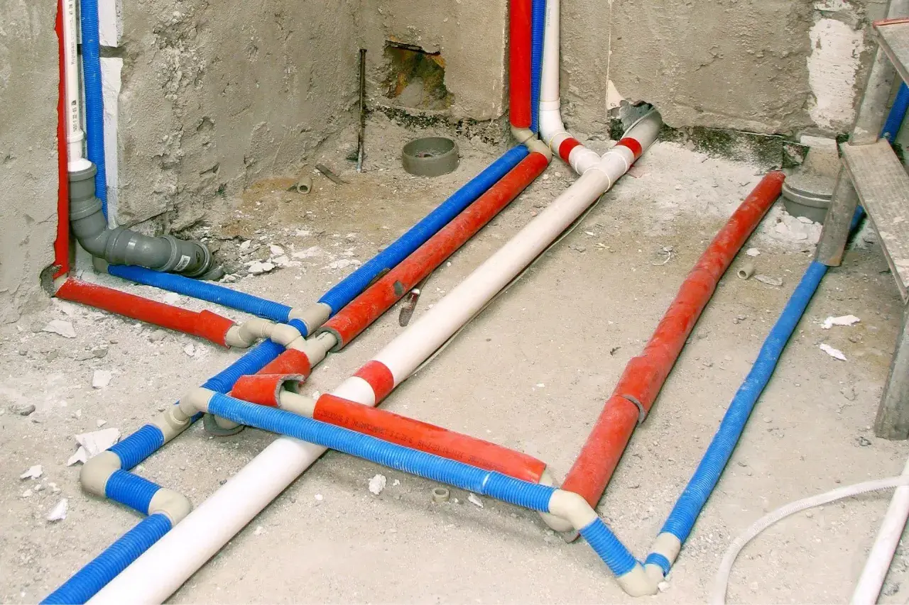 Instalacja wodna w domu: czerwone, niebieskie i białe rury tworzą skomplikowany system.