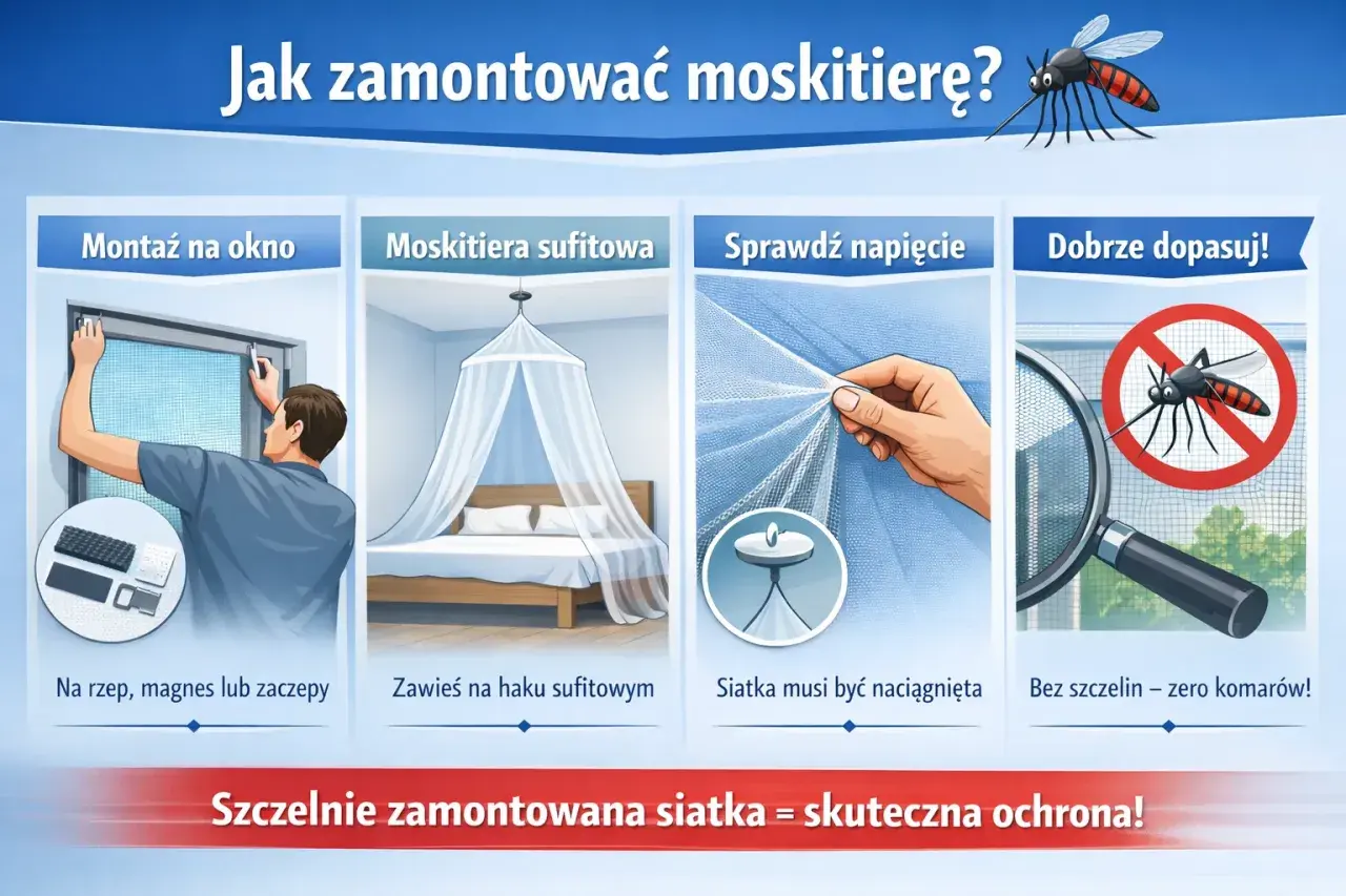 Jak zamontować moskitierę na rzep, magnes lub zaczepy. Montaż na okno, moskitiera sufitowa, napięcie siatki i dopasowanie bez szczelin.