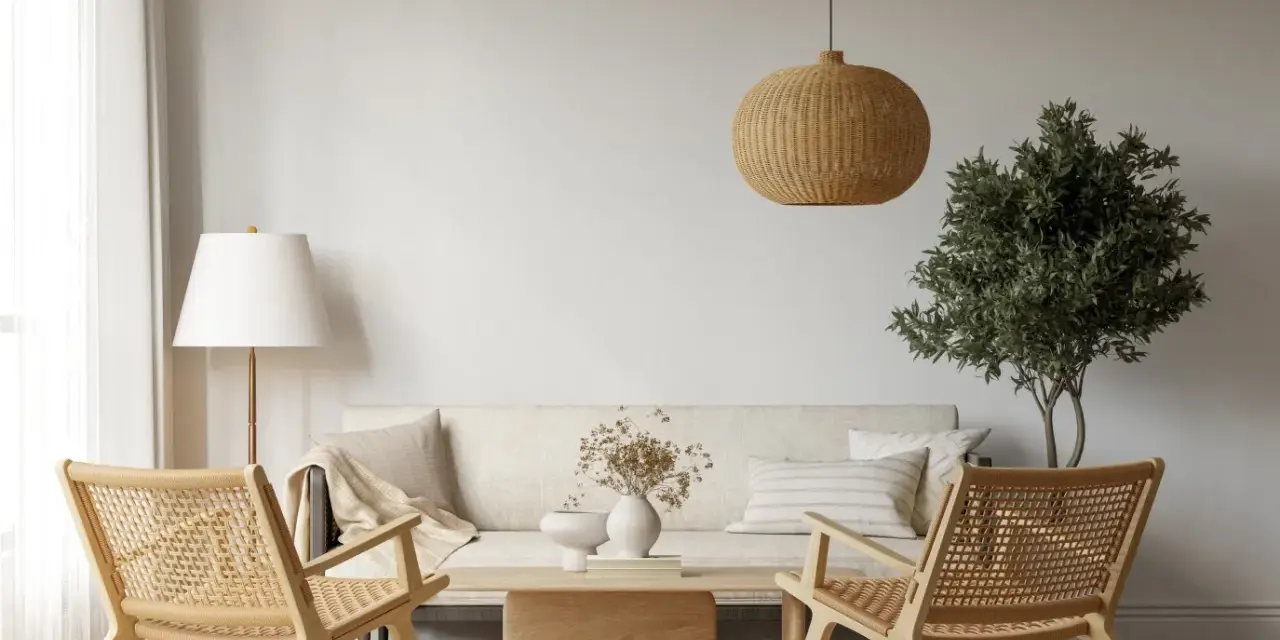 Przytulny styl japandi salon z plecionymi fotelami, kanapą i drewnianym stolikiem.