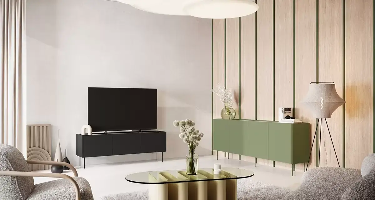 Nowoczesny salon z meblami w oliwkowym kolorze ścian. Wygodne fotele, szary dywan i szklany stolik tworzą przytulną atmosferę.
