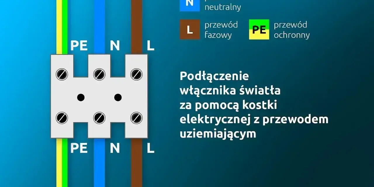 Schemat pokazuje, jak podłączyć lampę i włącznik za pomocą kostki elektrycznej z przewodem uziemiającym. Widoczne są przewody PE, N i L.
