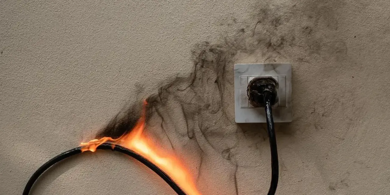 Płonący kabel podłączony do gniazdka. Dym unosi się na ścianie. Zastanawiasz się, ile gniazdek na jednym obwodzie to za dużo?