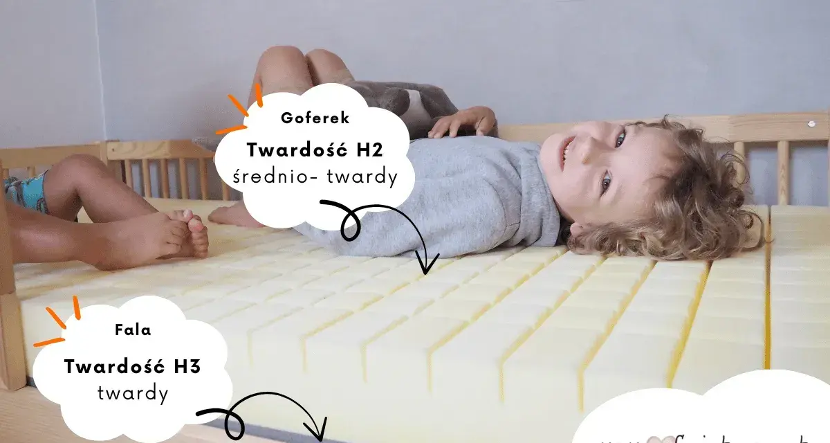 Dzieci leżą na materacu, który pokazuje jaki materac do spania na kręgosłup wybrać: H2 średnio-twardy i H3 twardy.