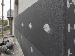 Kołkowanie styropianu na ścianie budynku. Widać białe talerzyki mocujące i wkręty. Obok leży wiertarka.