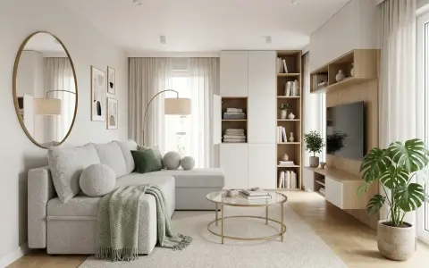 Jasny, przytulny, bardzo mały salon w bloku. Szara kanapa, okrągłe stoliki, regały i telewizor.