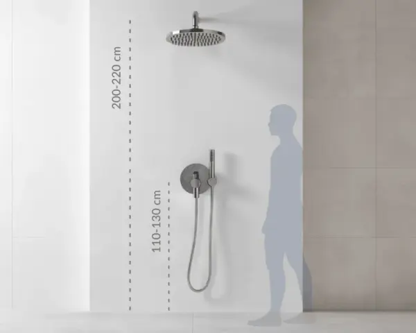 Wysokość baterii prysznicowej: deszczownica 200-220 cm, panel sterujący 110-130 cm. Sylwetka pokazuje idealne dopasowanie.
