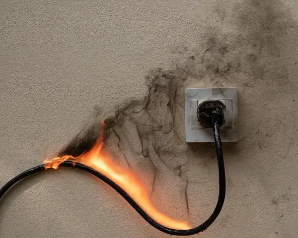 Płonący kabel podłączony do gniazdka. Dym unosi się na ścianie. Zastanawiasz się, ile gniazdek na jednym obwodzie to za dużo?