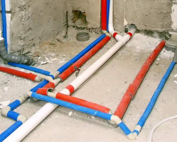 Instalacja wodna w domu: czerwone, niebieskie i białe rury tworzą skomplikowany system.