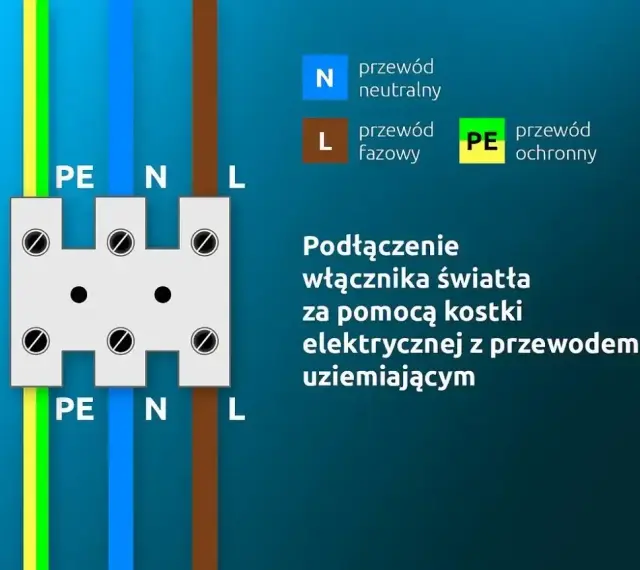 Schemat pokazuje, jak podłączyć lampę i włącznik za pomocą kostki elektrycznej z przewodem uziemiającym. Widoczne są przewody PE, N i L.