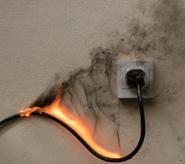 Płonący kabel podłączony do gniazdka. Dym unosi się na ścianie. Zastanawiasz się, ile gniazdek na jednym obwodzie to za dużo?