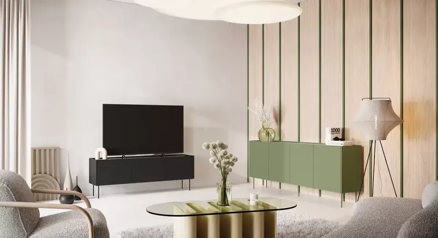 Nowoczesny salon z meblami w oliwkowym kolorze ścian. Wygodne fotele, szary dywan i szklany stolik tworzą przytulną atmosferę.
