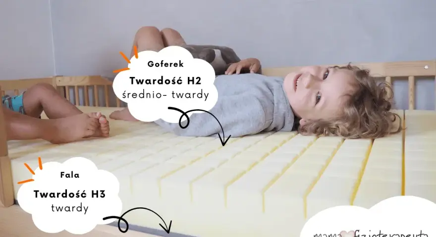 Dzieci leżą na materacu, który pokazuje jaki materac do spania na kręgosłup wybrać: H2 średnio-twardy i H3 twardy.