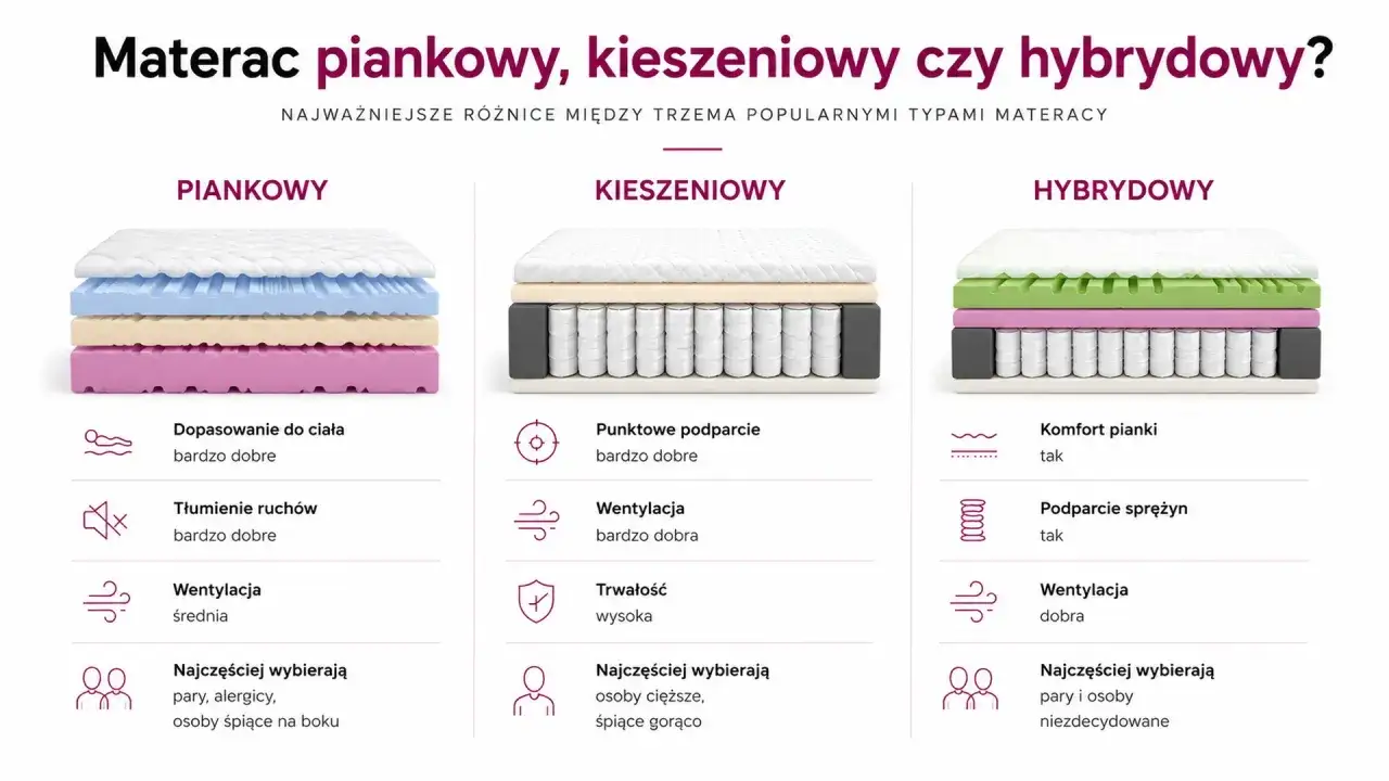 Porównanie materacy: piankowy, kieszeniowy, hybrydowy. Pomoc w wyborze idealnego materaca dla Ciebie.