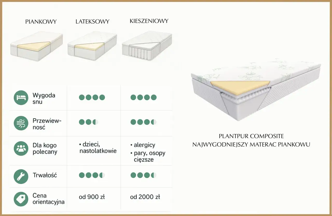 Porównanie rodzajów materacy: piankowy, lateksowy, kieszeniowy. Materac piankowy Plantpur Composite to najwygodniejszy wybór.