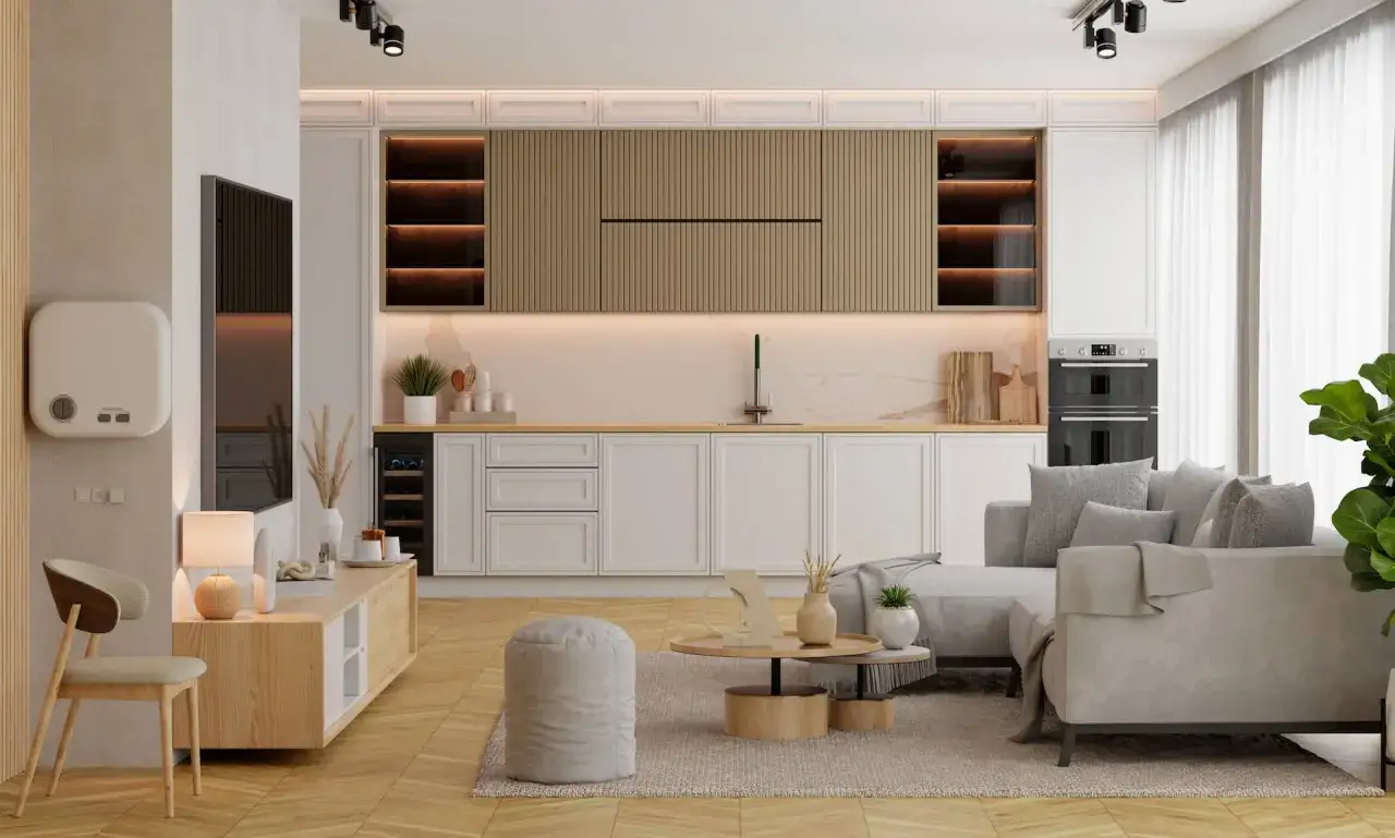 Nowoczesny salon z aneksem kuchennym 30m2 jasne kolory