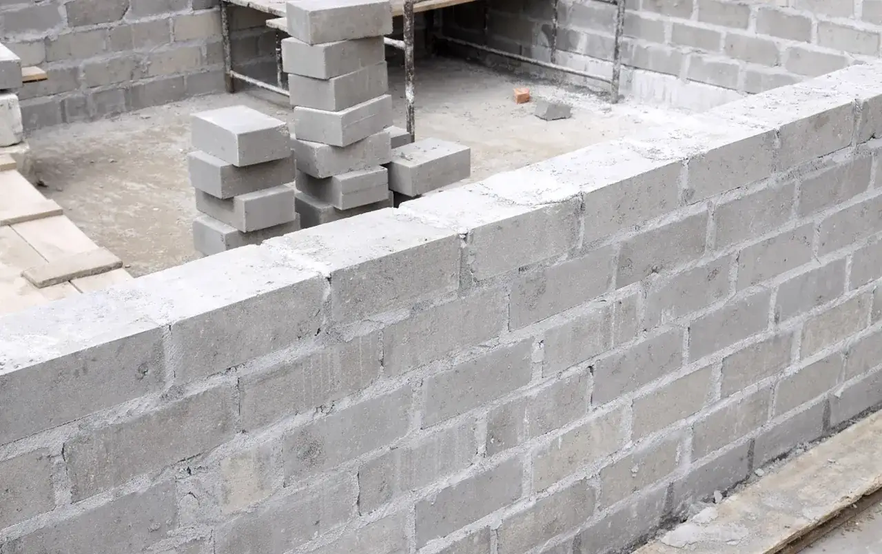 Budowa domu z bloczków betonowych. Zastanawiasz się, ile kosztuje bloczek betonowy? Na placu budowy widać materiały i postęp prac.