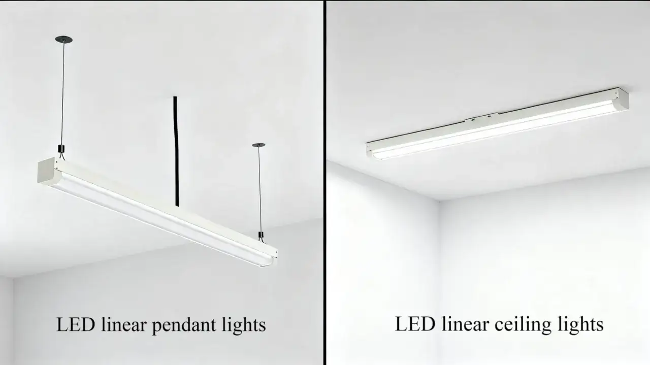 Dwie nowoczesne lampy LED: jedna wisząca, druga sufitowa. Obie wyglądają jak długa jarzeniówka.