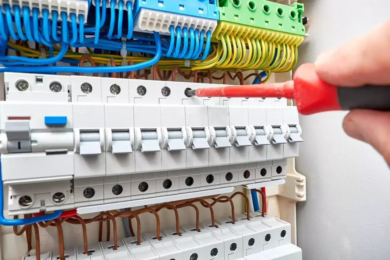 Ręka z czerwonym śrubokrętem dokręca śrubę w skrzynce z bezpiecznikami. Nowa instalacja elektryczna czeka na podłączenie.