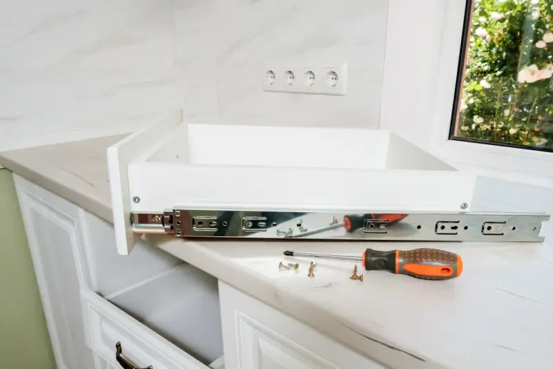Montaż szuflady: metalowe prowadnice, śrubokręt i śrubki leżą na blacie.